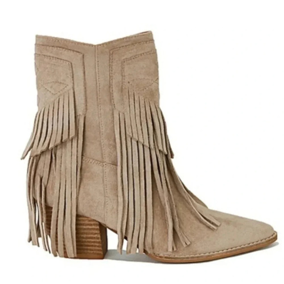 Beast Fringe Tassel Faux Suede Pointy Toe Block Heel Western Booties Boots New - Picture 5 of 5